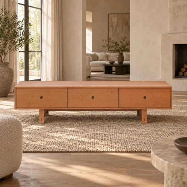 Solid Cherry Low TV Cabinet with Three Drawers in clay — in a room setting