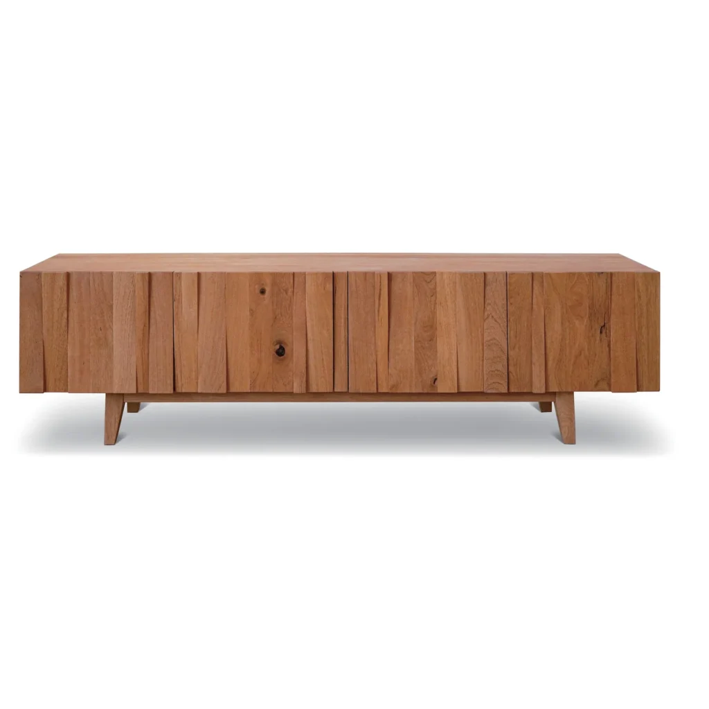 Solid Oak Low TV Cabinet with Staggered Slat Front in natural oak — front view