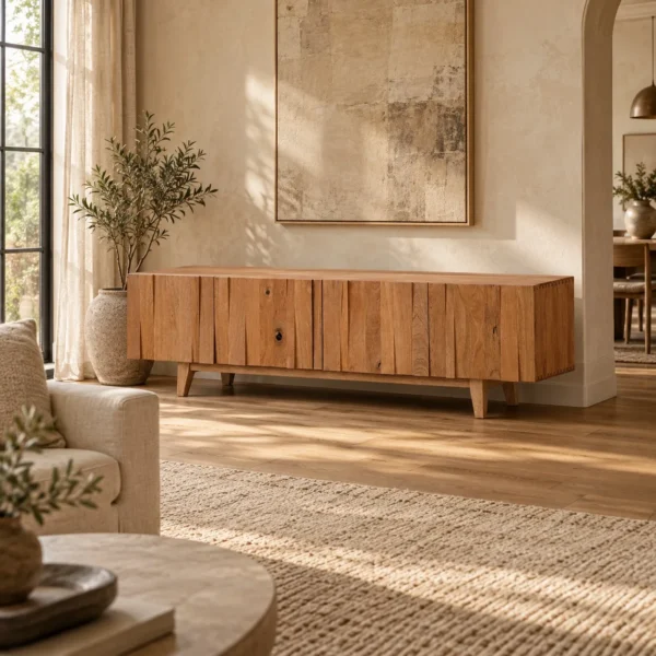 Solid Oak Low TV Cabinet with Staggered Slat Front in natural oak — in a room setting