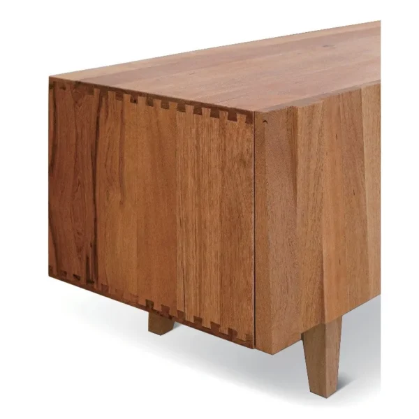 Solid Oak Low TV Cabinet with Staggered Slat Front in natural oak — in a room setting