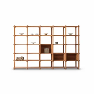 Modular Oak Lattice Bookcase with Storage Boxes in natural oak — front view
