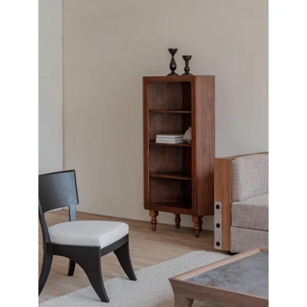 Solid Pine Open Display Cabinet with Turned Legs in clay — in a room setting