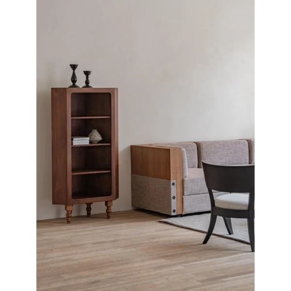 Solid Pine Open Display Cabinet with Turned Legs in clay — in a room setting