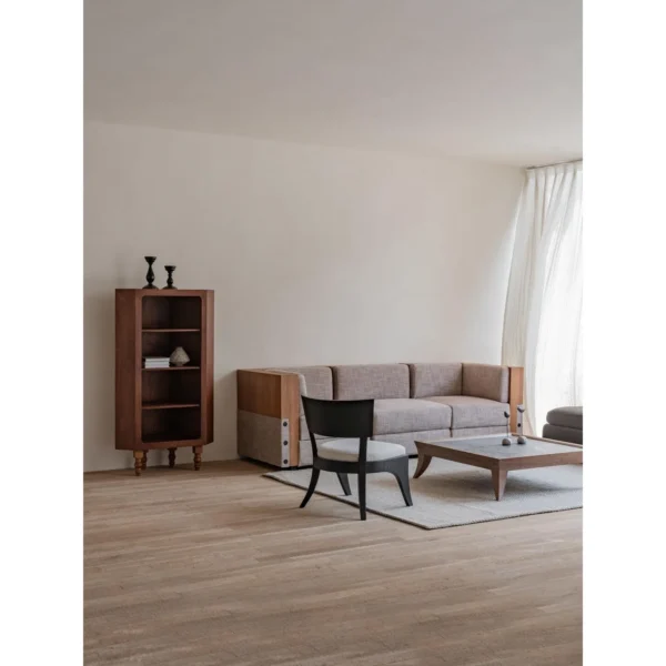 Solid Pine Open Display Cabinet with Turned Legs in clay — in a room setting