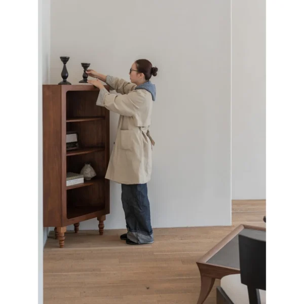 Solid Pine Open Display Cabinet with Turned Legs in clay — in a room setting