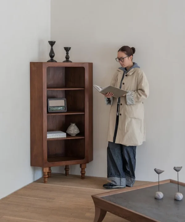 Solid Pine Open Display Cabinet with Turned Legs in clay — in a room setting