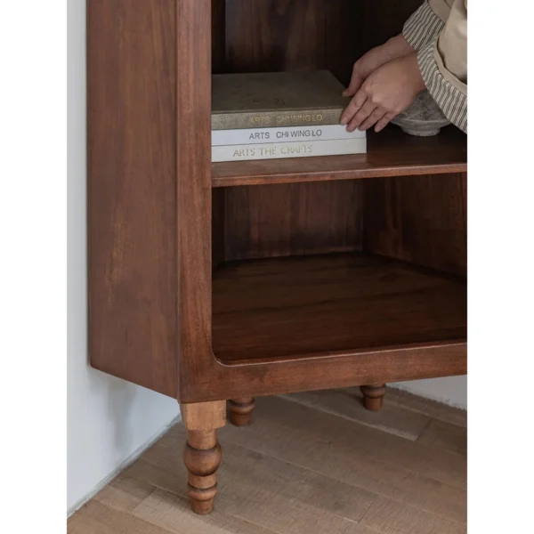 Solid Pine Open Display Cabinet with Turned Legs in clay — in a room setting