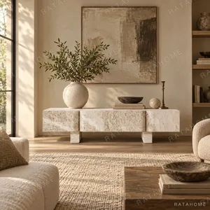 Zhuo Rustic Low Cabinet in Raw Stone and Wood — in a room setting
