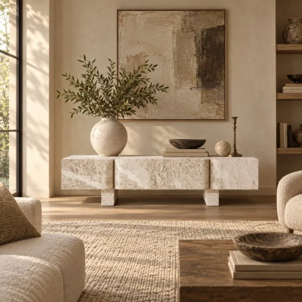 Zhuo Rustic Low Cabinet in Raw Stone and Wood — in a room setting