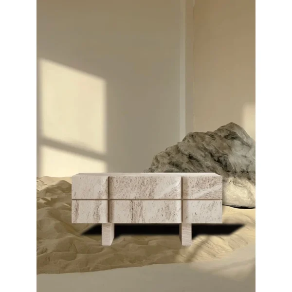 Zhuo Rustic Low Cabinet in Raw Stone and Wood — in a room setting