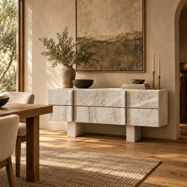 Zhuo Rough-Hewn Stone Sideboard in oatmeal — in a room setting