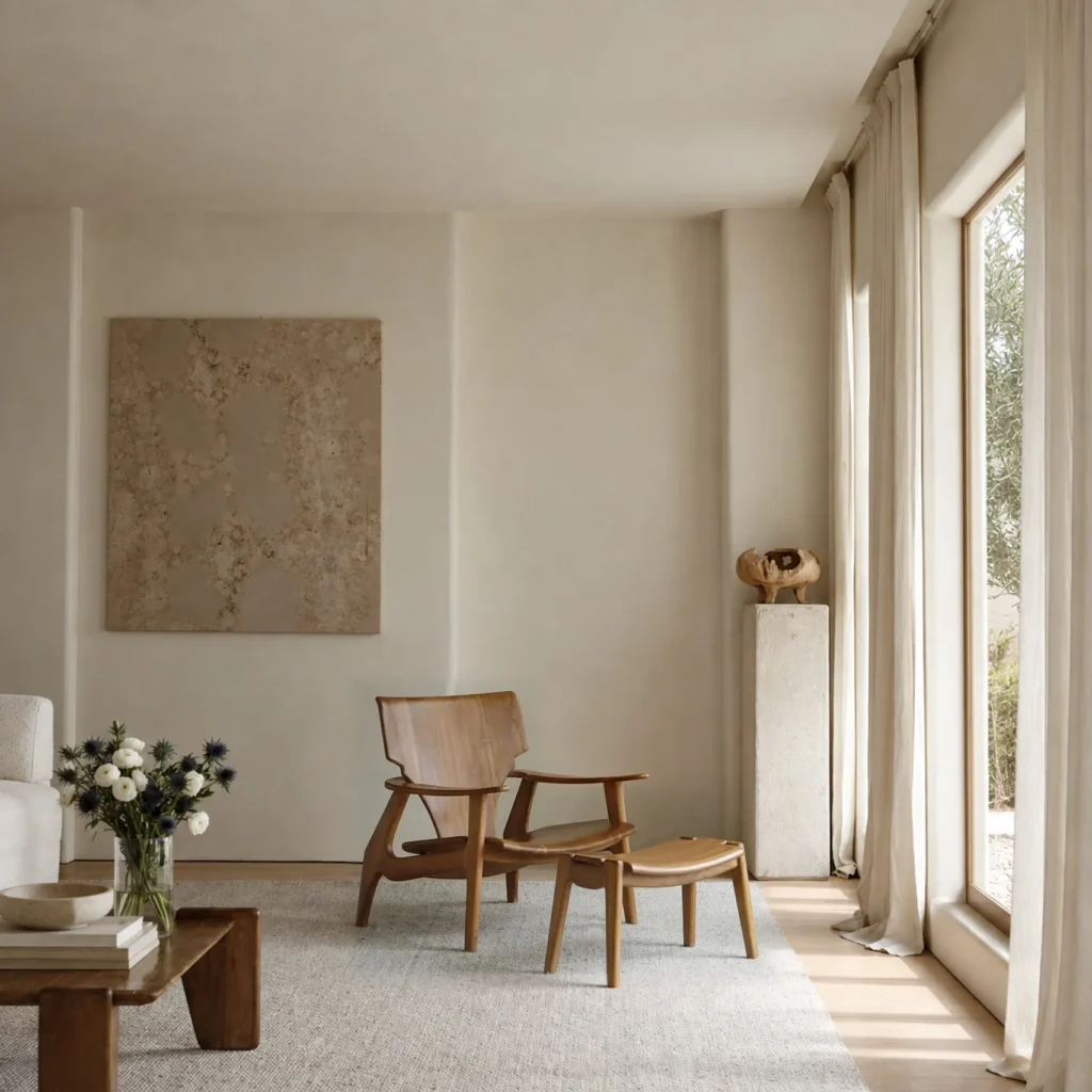 Zen Sculptural Teak Lounge Chair with Woven Seat in clay — front view