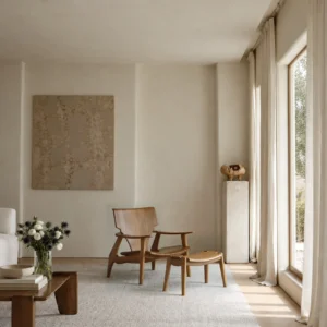 Zen Sculptural Teak Lounge Chair with Woven Seat in clay — front view