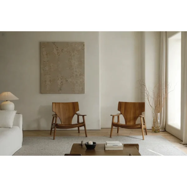 Zen Sculptural Teak Lounge Chair with Woven Seat in clay — in a room setting
