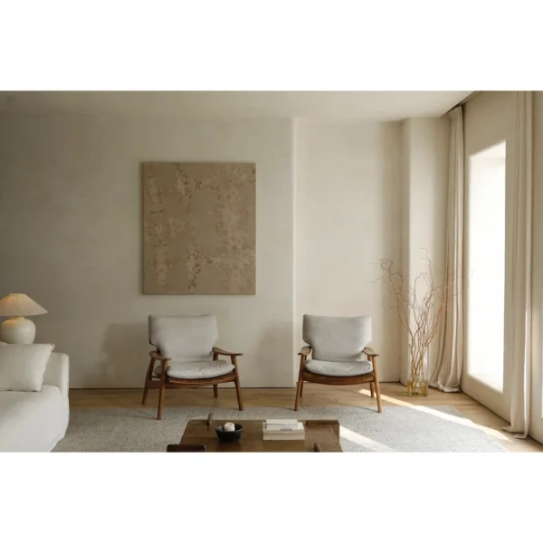 Zen Sculptural Teak Lounge Chair with Woven Seat in clay — in a room setting