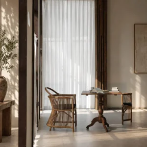 Natural Rattan Armchair with Suspended Back in natural oak — front view