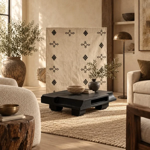 Zhuomu Rustic Solid Wood Block Coffee Table in Black — in a room setting