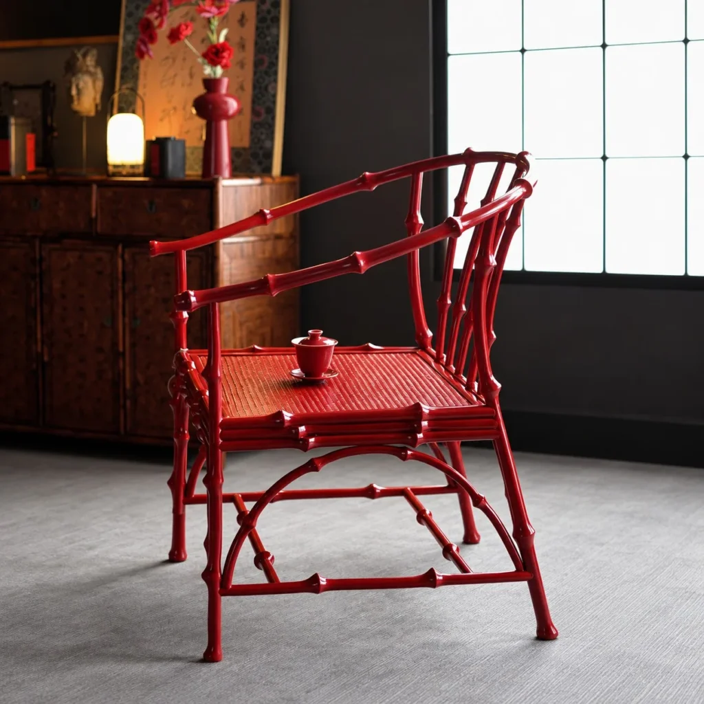 Zhuyan Vermilion Lacquered Bamboo Round-Back Armchair in red — front view