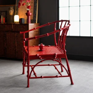 Zhuyan Vermilion Lacquered Bamboo Round-Back Armchair in red — front view