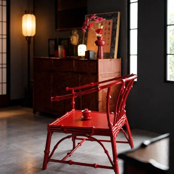Zhuyan Vermilion Lacquered Bamboo Round-Back Armchair in red — in a room setting