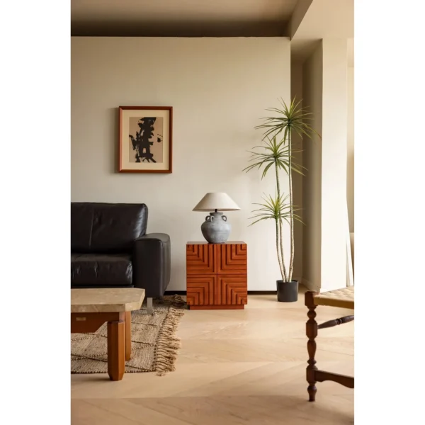 Zhuyan Solid Wood Modular Cabinet with Carved Drawer Fronts in clay — in a room setting