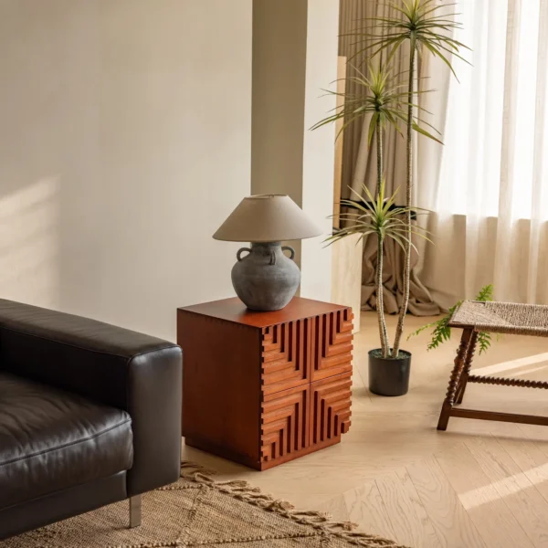 Zhuyan Solid Wood Modular Cabinet with Carved Drawer Fronts in clay — in a room setting
