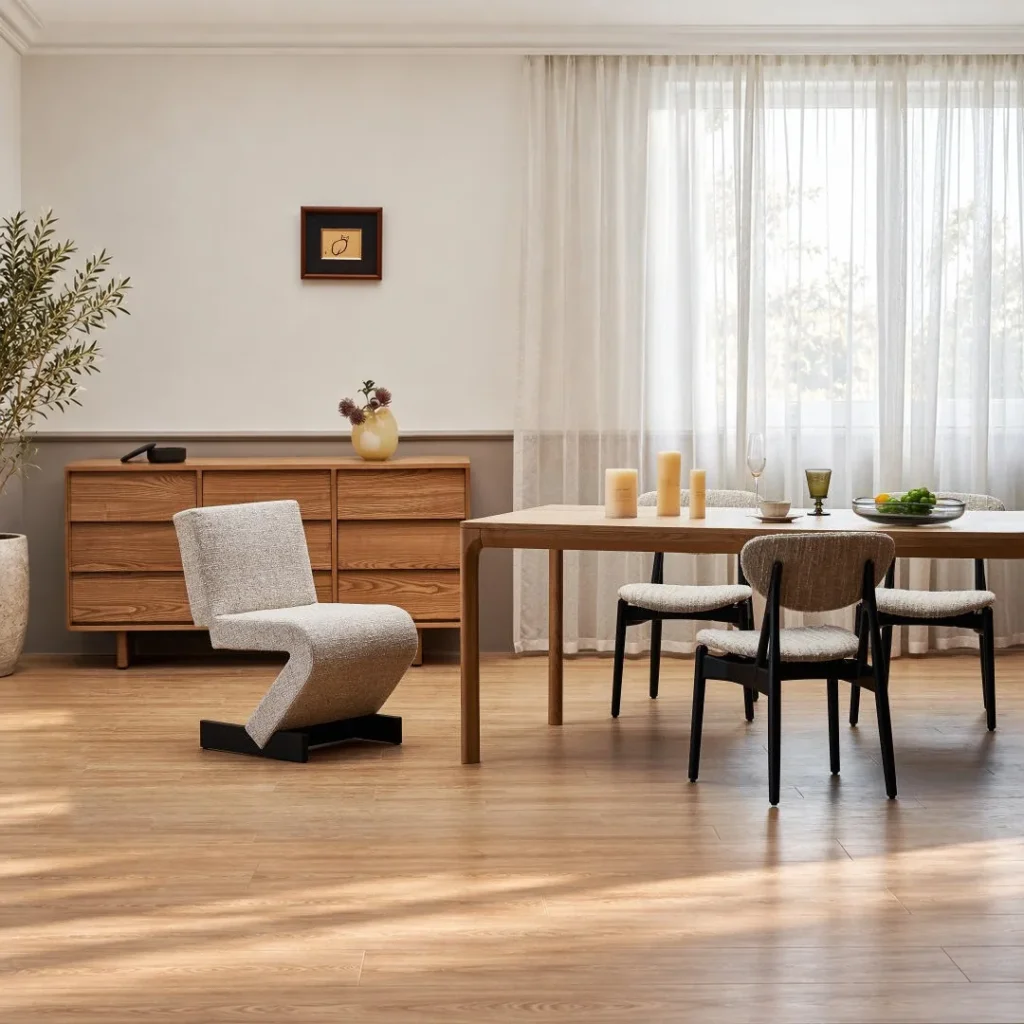 Z-Form Upholstered Cantilever Chair in Cream Bouclé — front view