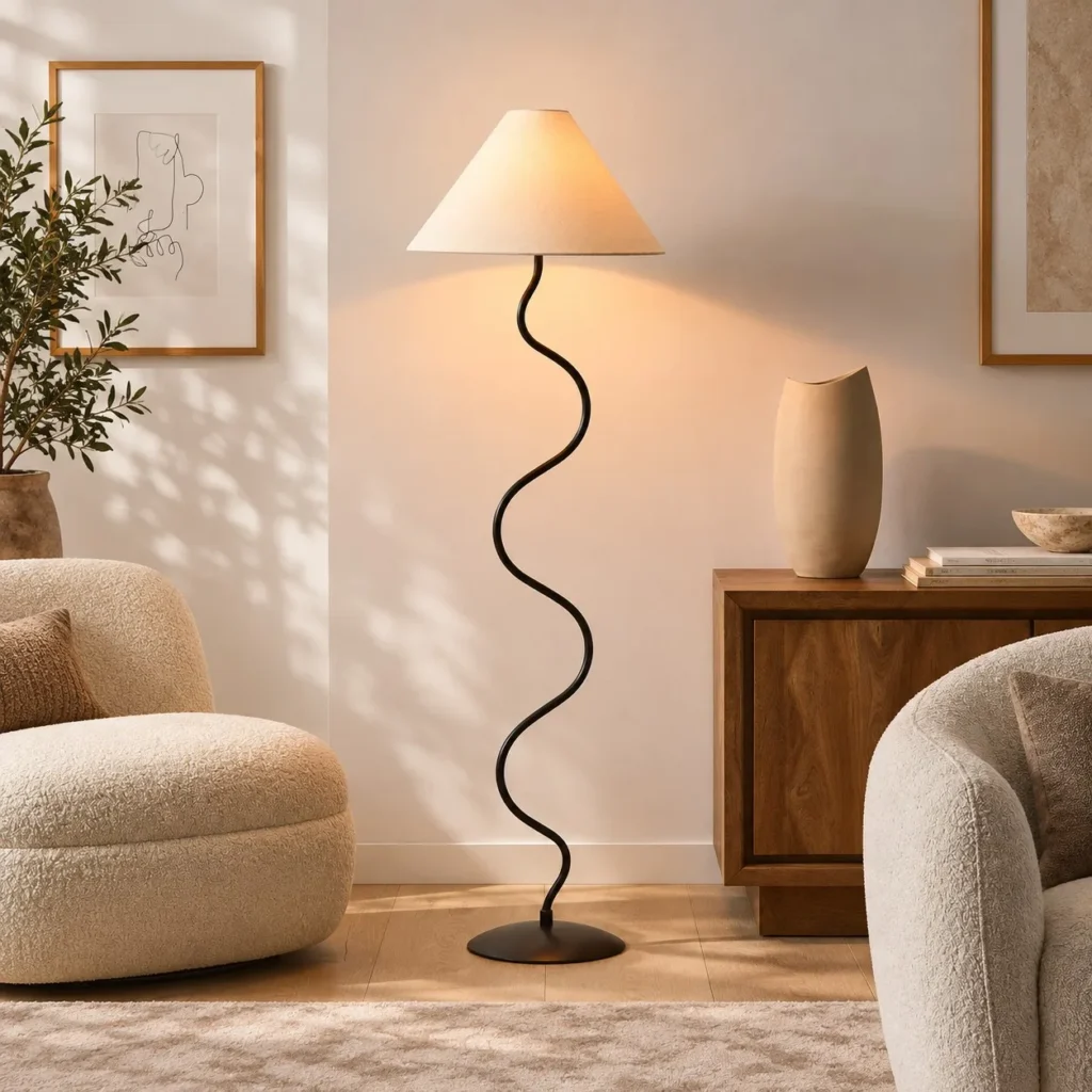 Zigzag Wavy Iron Floor Lamp with Conical Linen Shade in black — front view