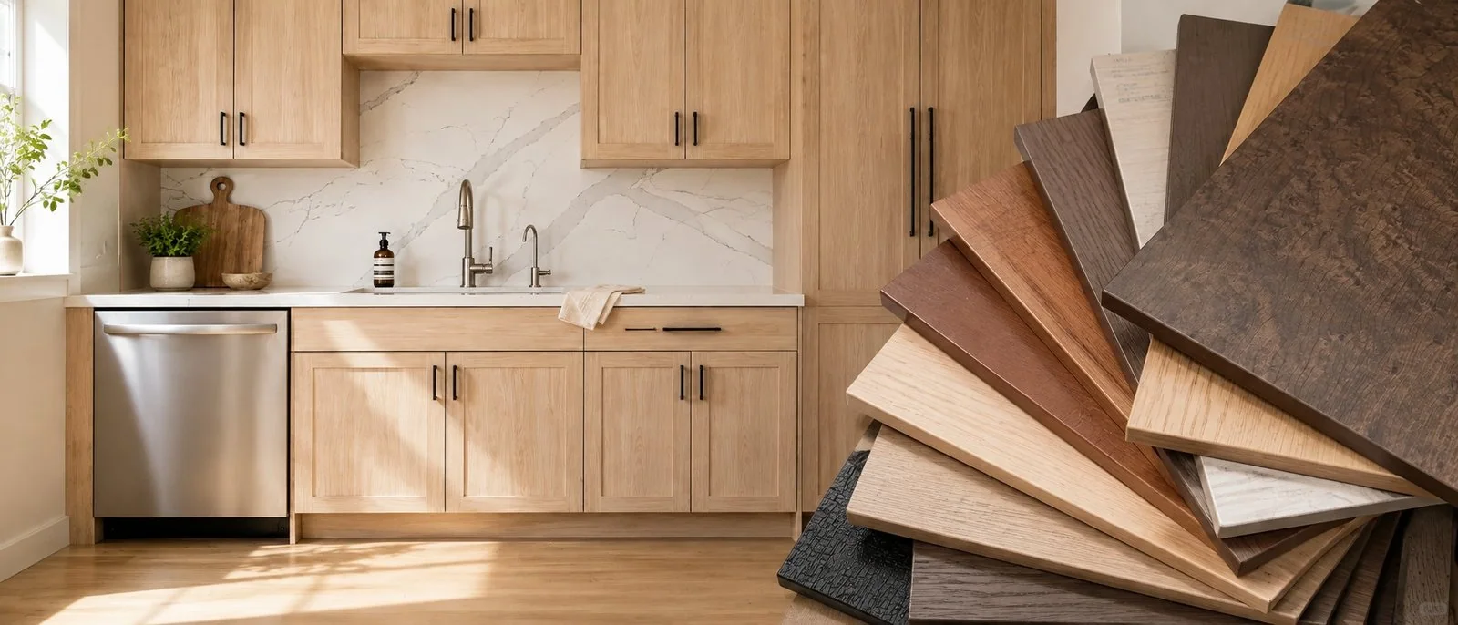 Whole-home custom cabinetry with a fan of different furniture wood samples