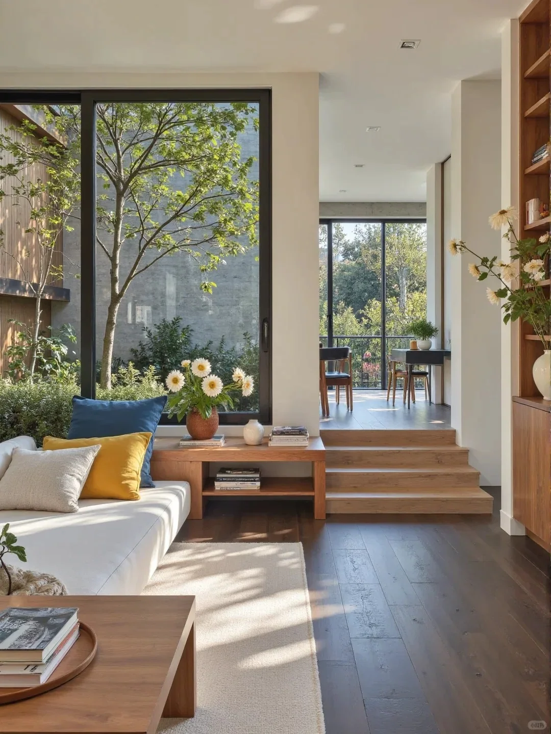 Whole-home interior with coordinated warm wood furniture, built-ins and flooring