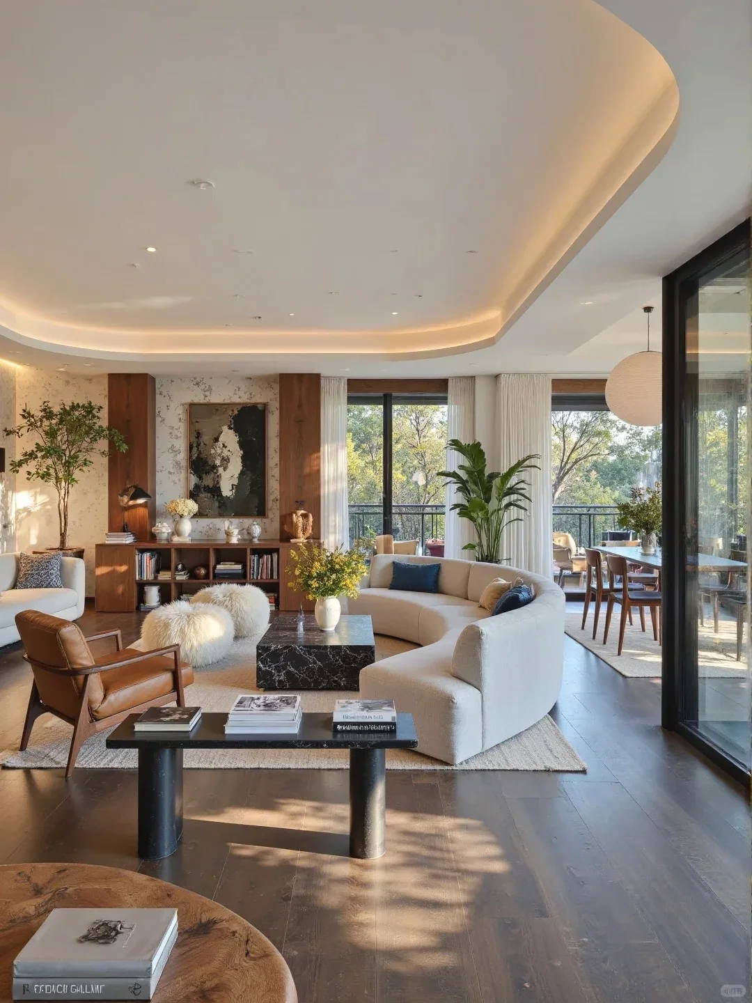 Open-plan living and dining interior using coordinated warm wood tones
