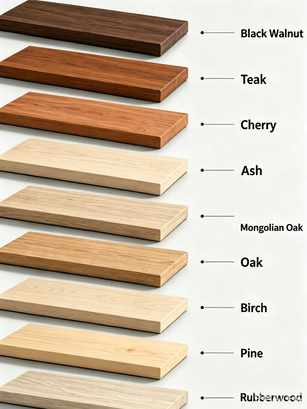 Furniture wood boards comparing walnut, teak, cherry, ash, oak, birch, pine and rubberwood