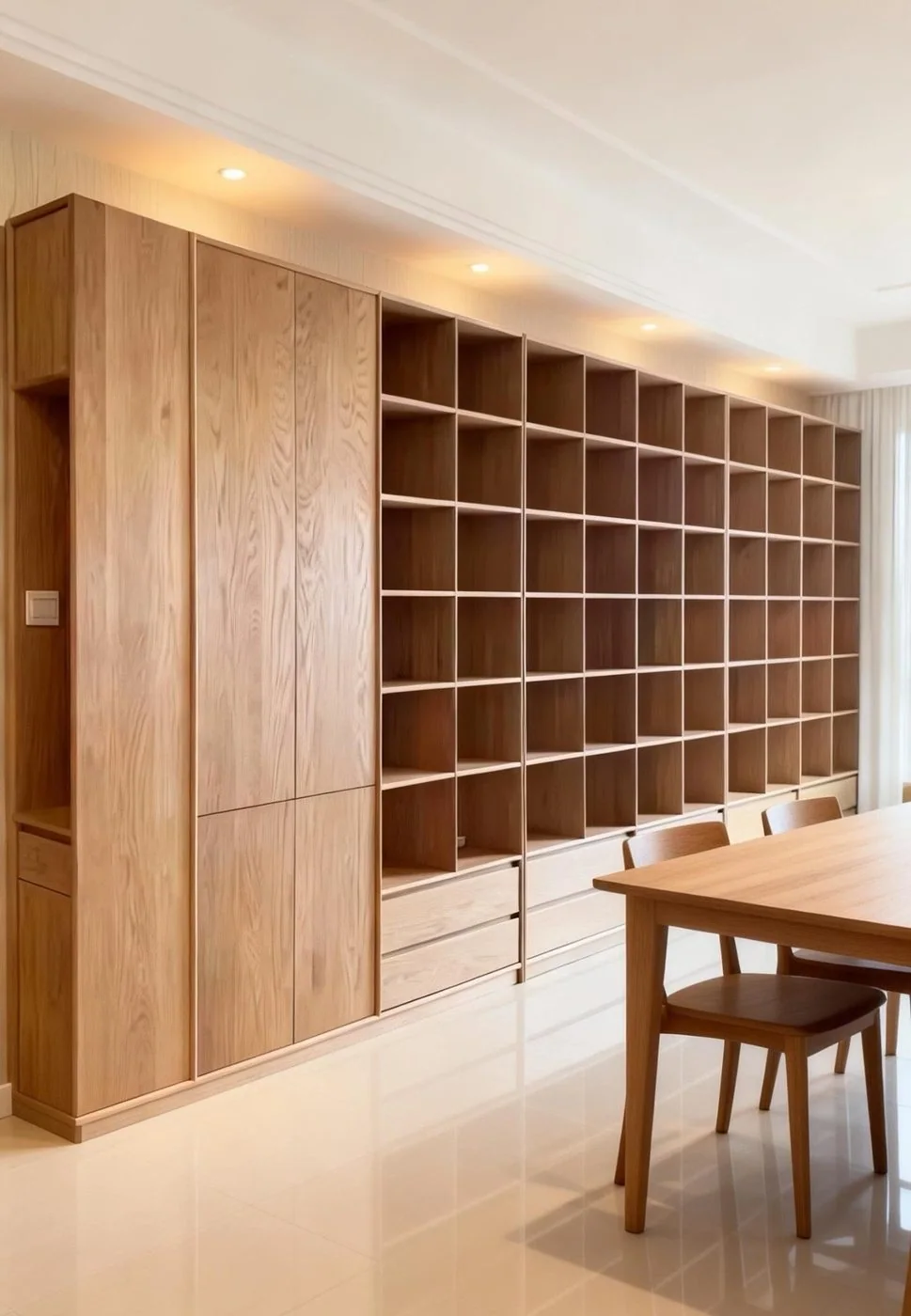 Custom oak wall cabinetry with open shelving and integrated storage