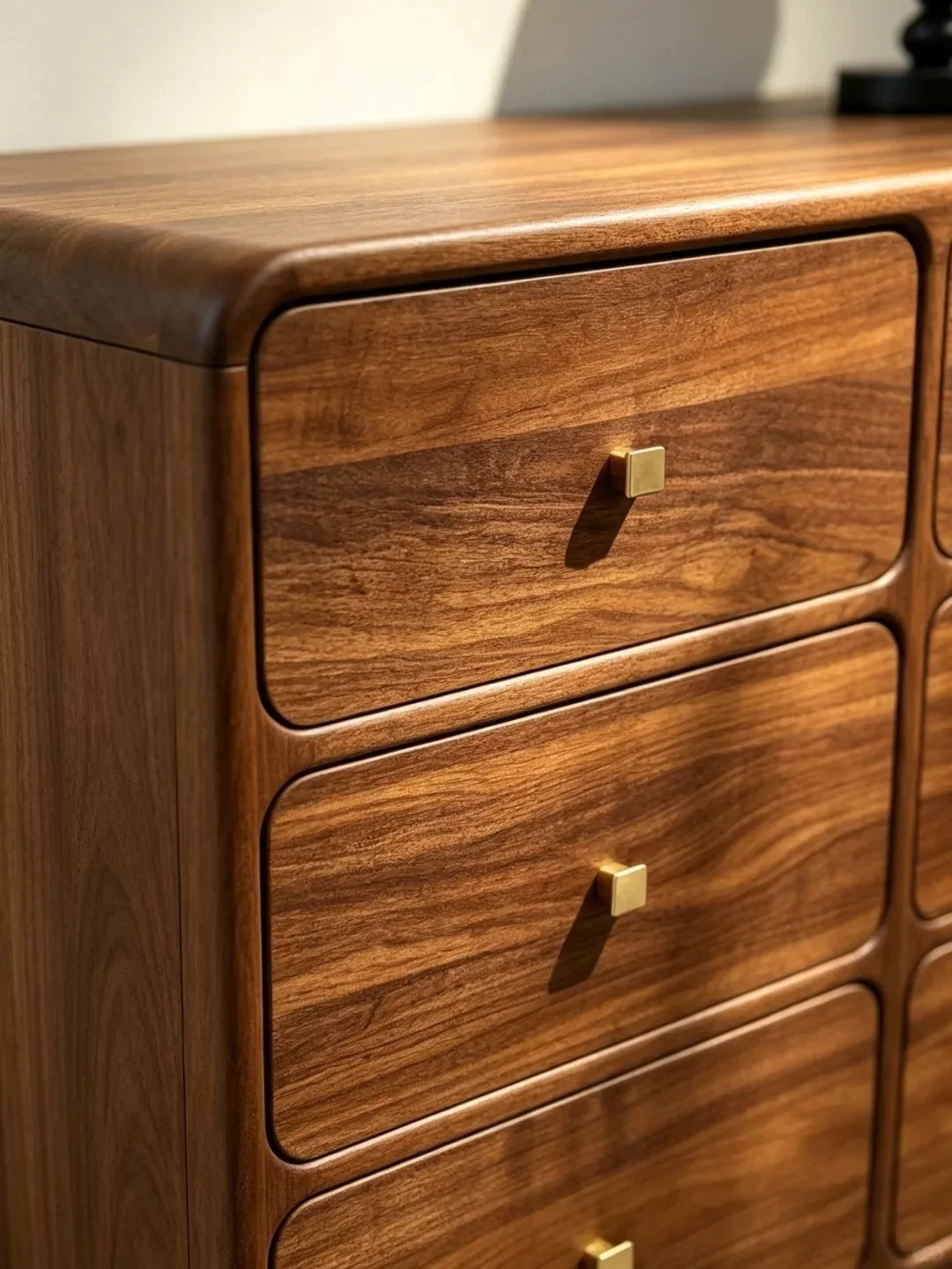 Close-up of walnut drawer fronts with rounded edges and brass pulls