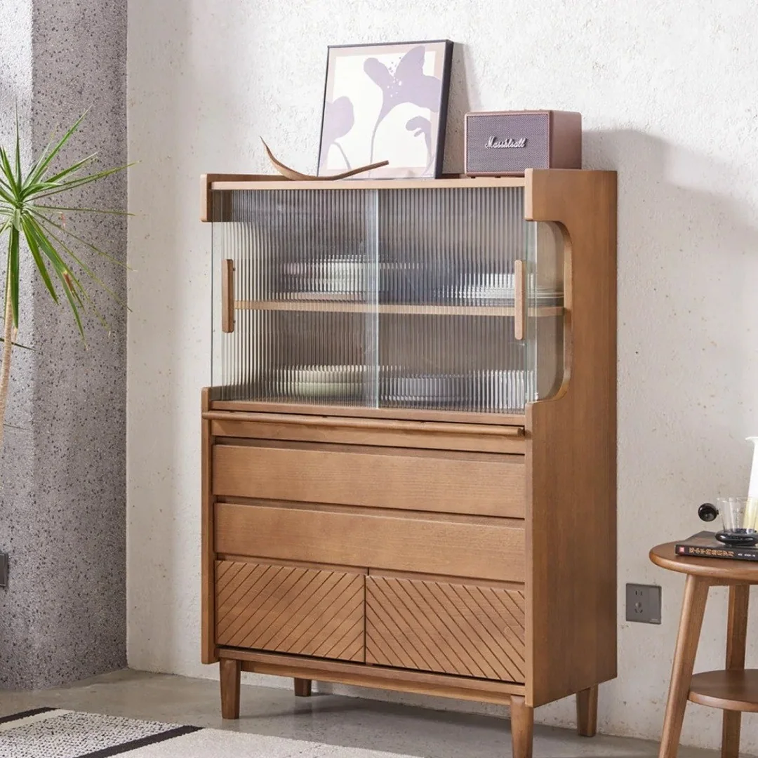 Beech-toned cabinet with glass display doors and drawers