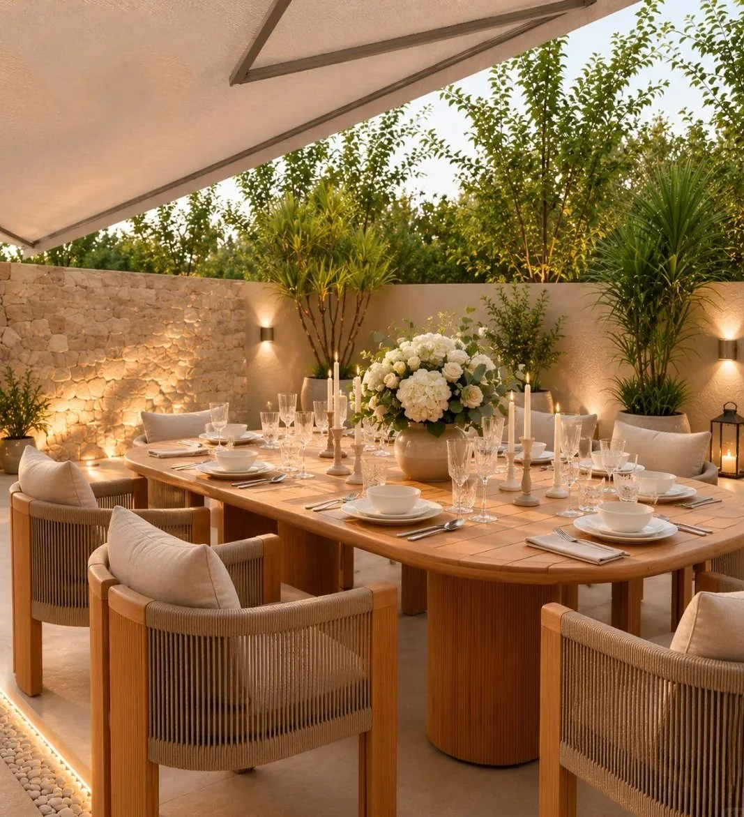 Teak outdoor dining table and chairs on a landscaped terrace