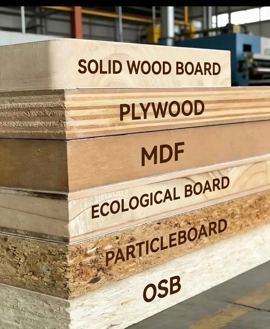 Solid wood board, plywood, MDF, engineered board, particleboard and OSB comparison for furniture construction
