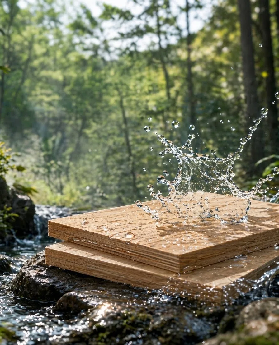 Wood panels exposed to water illustrating moisture control and dimensional stability in furniture production