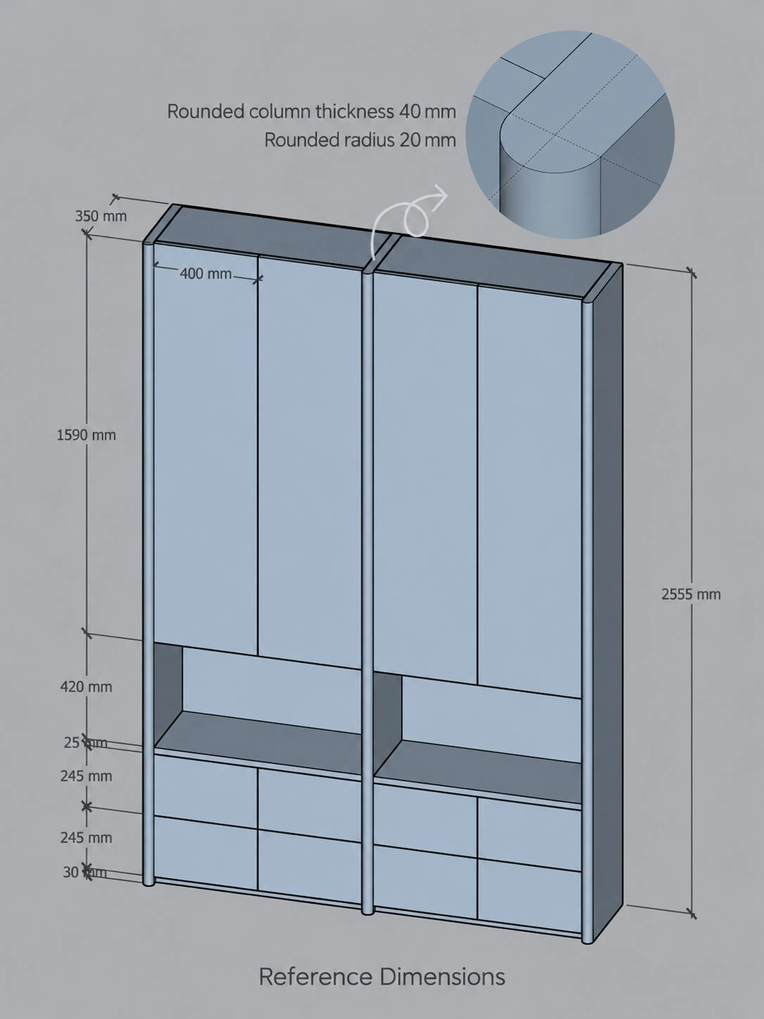 Reference drawing showing cabinet dimensions and rounded column detail