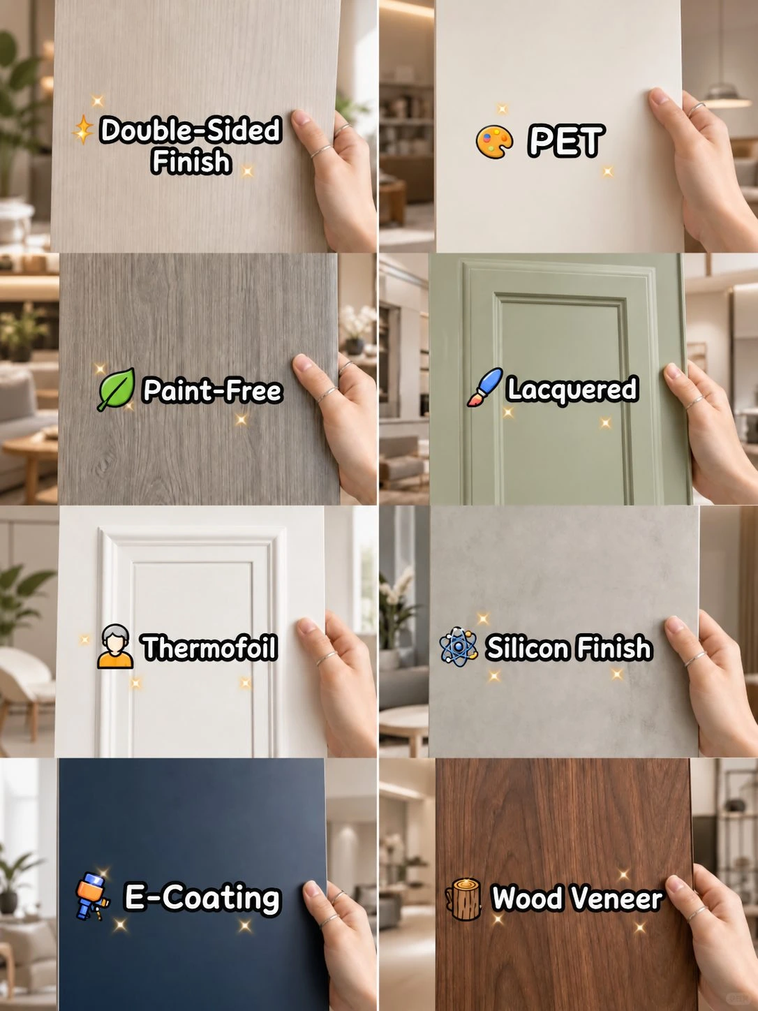 Cabinet panel finish and surface options including lacquer, PET, veneer and paint-free finishes