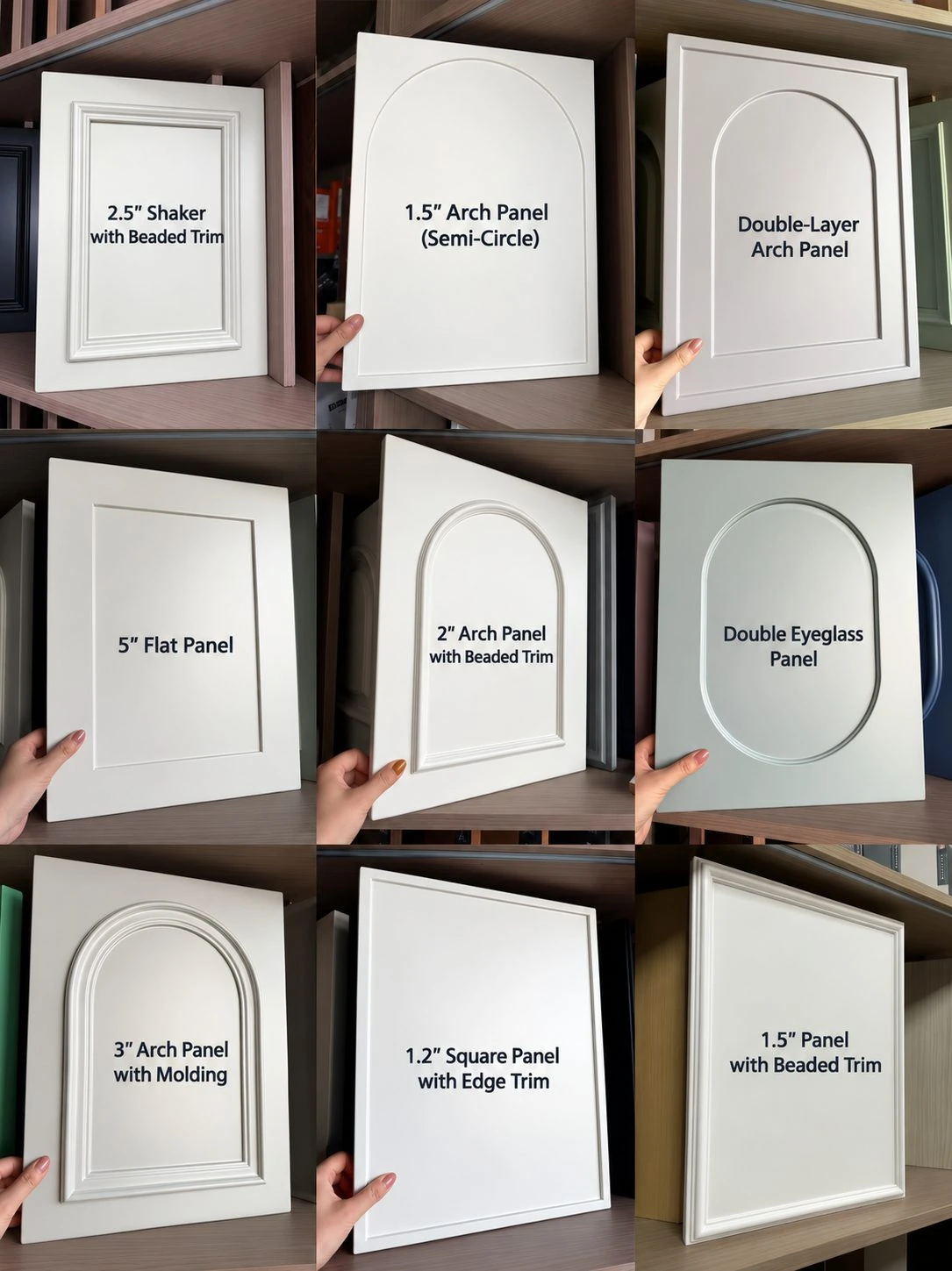 Nine cabinet door profile examples including shaker, square and arched panels