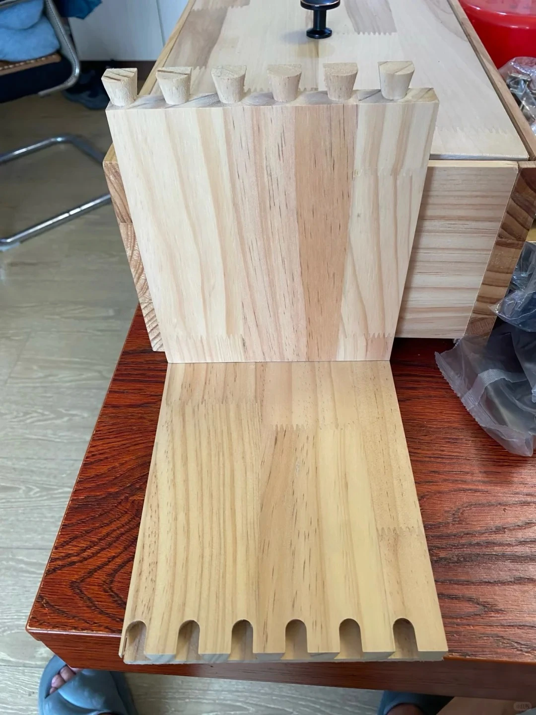 Solid-wood finger and dovetail style joinery sample