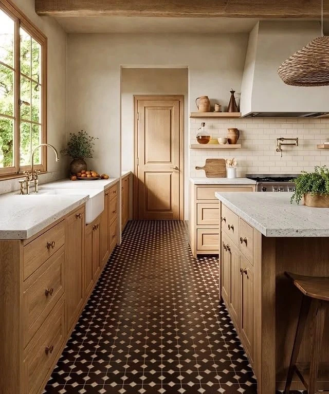 Finished light oak kitchen with multiple drawers and cabinetry