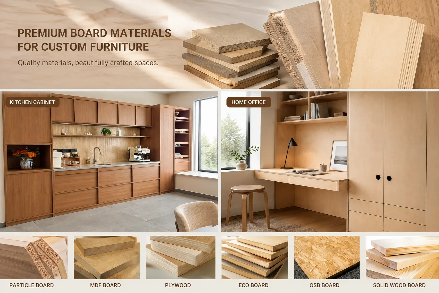 Engineered wood and board materials for custom furniture, kitchen cabinetry and home office joinery