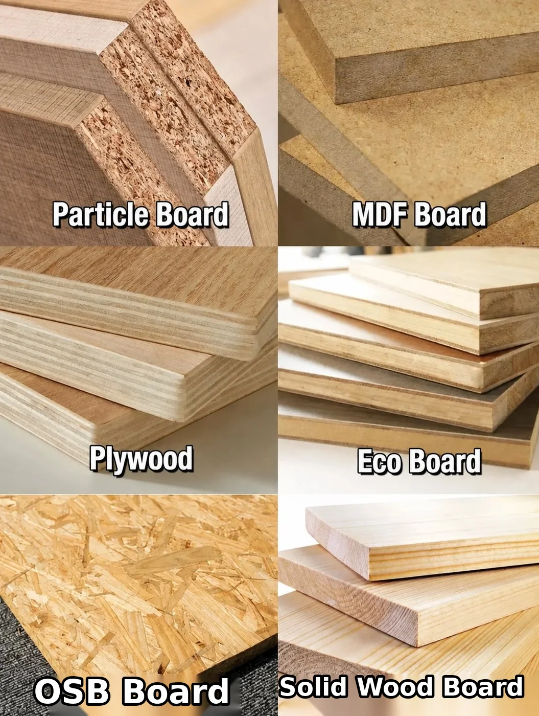 Comparison of particle board, MDF, plywood, OSB and solid wood board cross sections