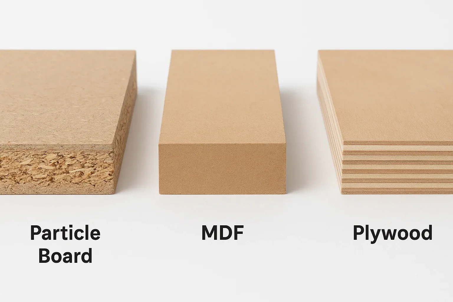 Particle board, MDF and plywood core structures compared side by side