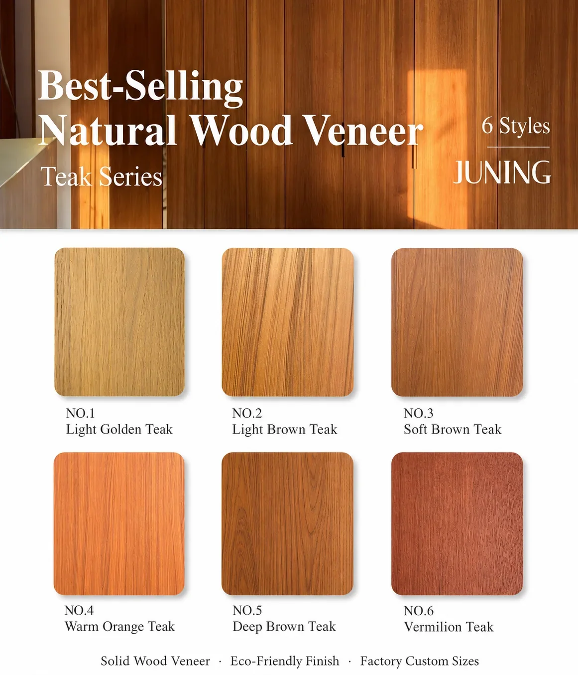 Teak natural wood veneer finish palette with six color styles