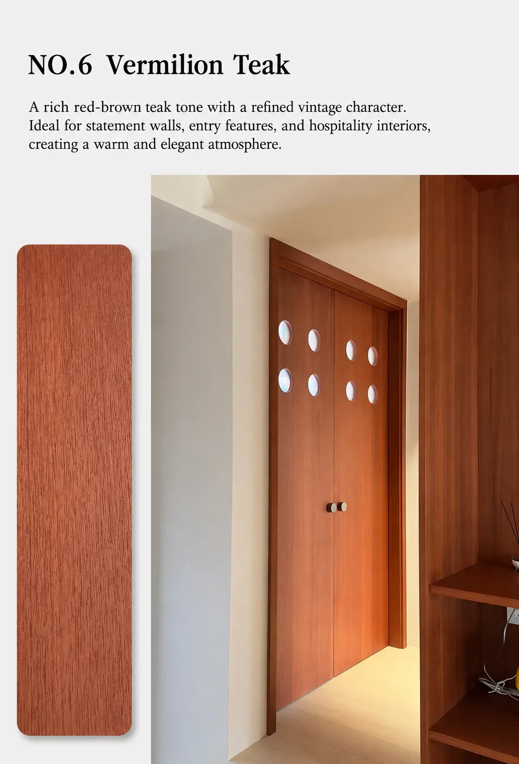 Vermilion teak wood veneer sample and interior wall application