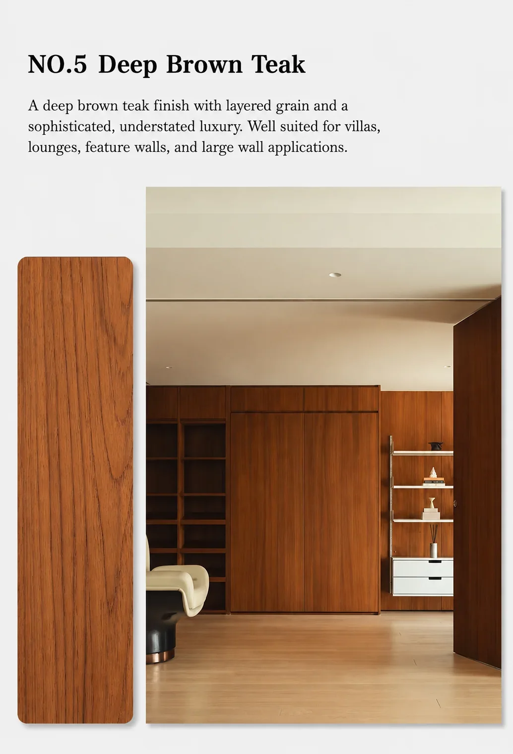 Deep brown teak wood veneer sample and built-in cabinetry application