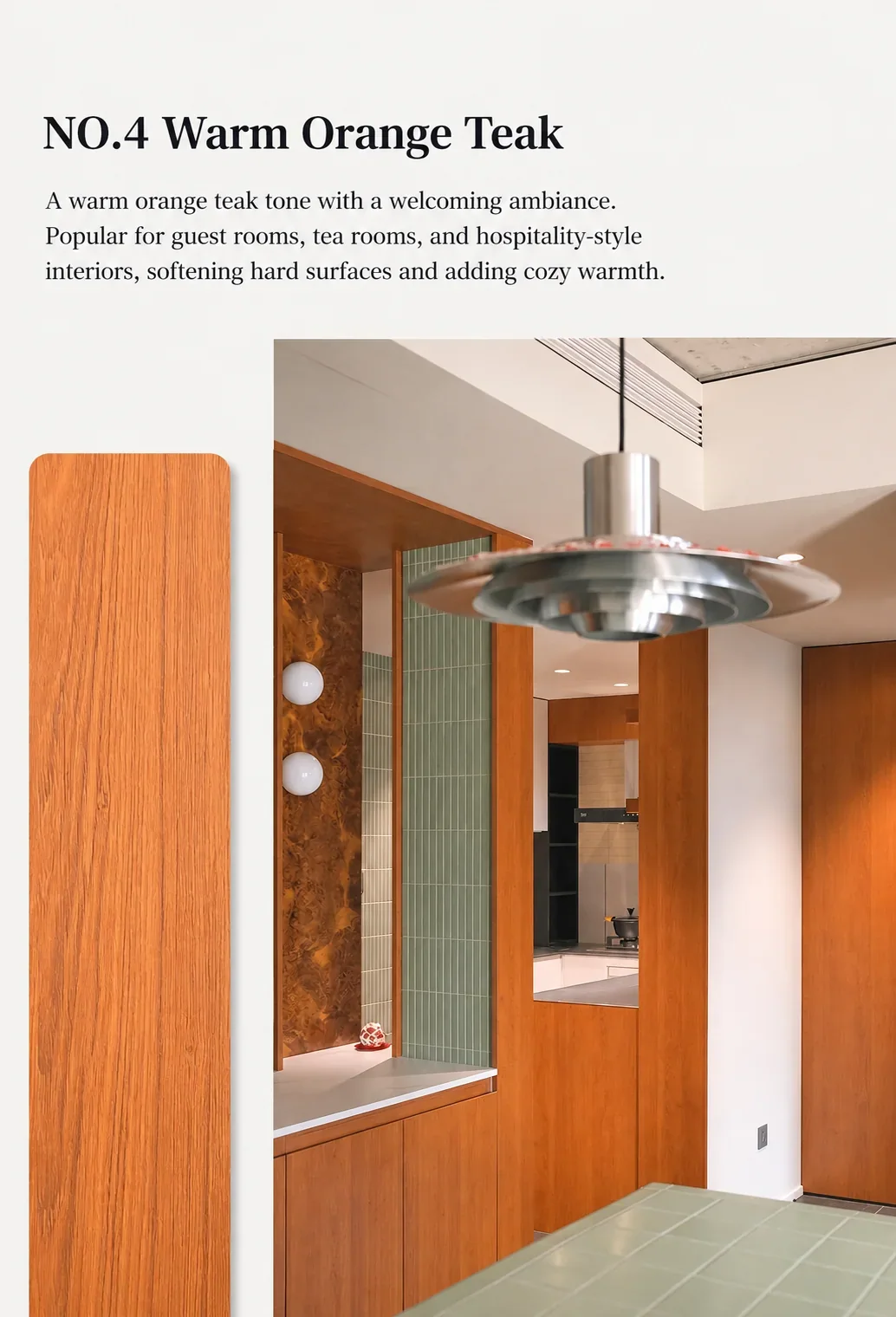 Warm orange teak wood veneer sample and interior cabinetry application